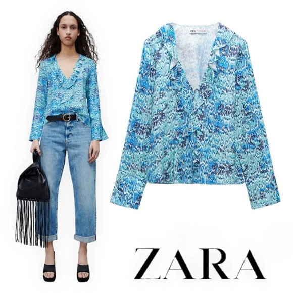 ZARA | Blue | RUFFLED ANIMAL PRINT BLOUSE - Picture 1 of 13